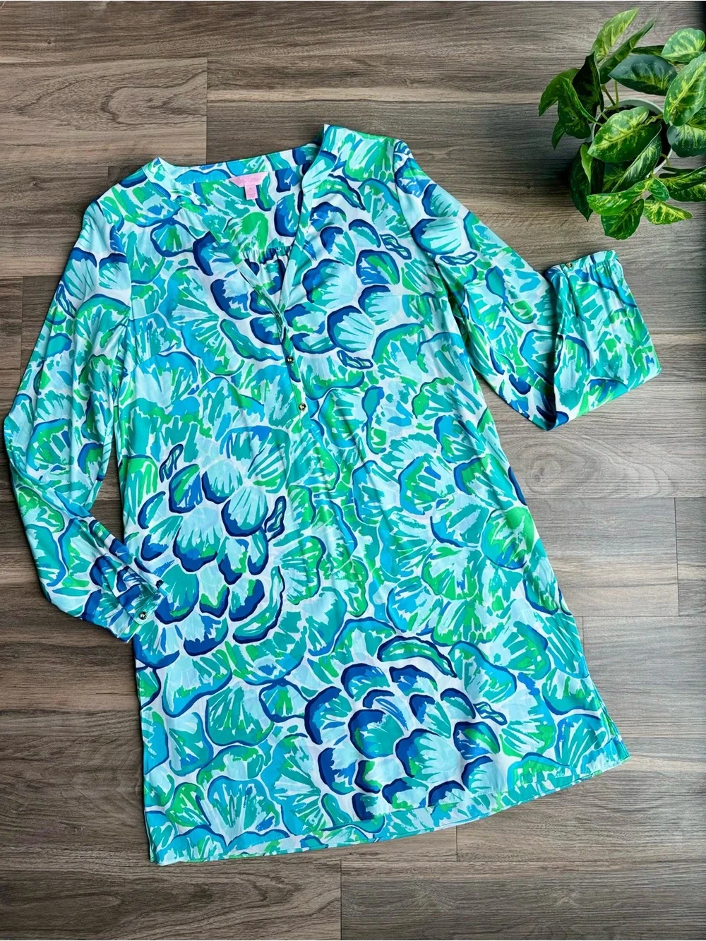 Lilly Pulitzer Delphine Stretch Silk Tunic Dress Agate Green Lazy River Floral M
